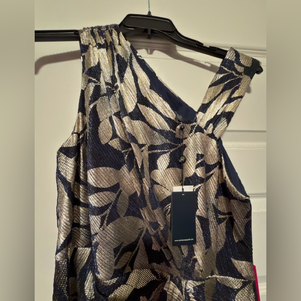 Adrianna Papell Navy and Gold Foil Asymmetric Gown - Picture 2 of 4